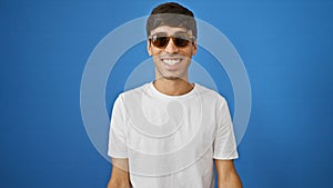 Cheerful young hispanic man wearing sunglasses, exuding confidence and positivity, standing against an isolated blue background
