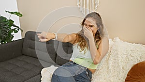 Cheerful young hispanic woman in casual clothes pulls a prank at home, laughing and pointing finger at you in a joyful jest, hand