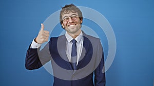 Cheerful young man in business suit, giving the thumbs up! conveying success with an approving gesture, looking right at you over