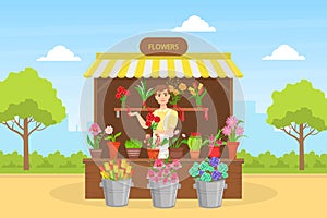 Cheerful Young Man Florist in Apron Selling Bouquets of Flowers at Outdoor Flower Shop Flat Vector Illustration