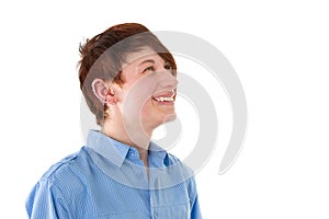 Cheerful young man with piercing isolated on white.