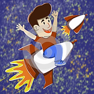 Cheerful young man riding a rocket in space, illustration