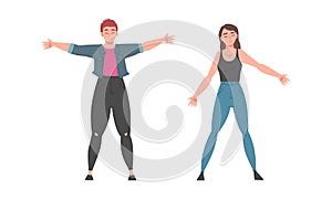 Cheerful Young Man and Woman Standing with Wide Open Arms as Welcome and Solidarity Gesture Vector Set