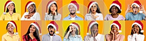 Cheerful Young Multicultural People Wearing Santa Hats Posing Over Yellow Toned Backgrounds