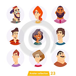 Cheerful young people avatar collection. User faces. Trendy modern style. Flat Cartoon Character design.