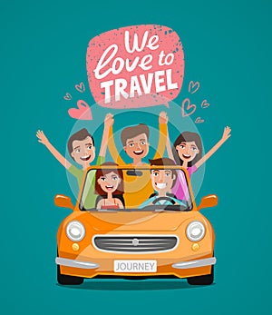 Cheerful young people or happy friends traveling by car. Journey, travel, vacation concept. Cartoon vector illustration