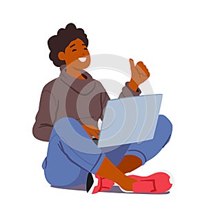 Cheerful Young Woman Character Sit With Laptop Showing Thumb Up, Indicating Approval Or Success Vector Illustration