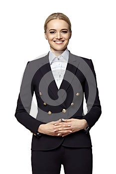 Cheerful young woman in a dark business suit