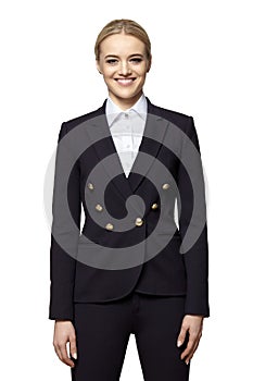 Cheerful young woman in a dark business suit