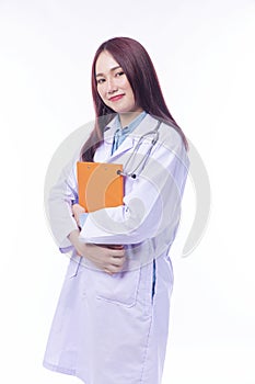 Cheerful young woman doctor in uniform with stethoscope holding clipboard isolated on white background. Smile female medical