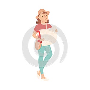 Cheerful Young Woman with Map Looking for Route, Girl Tourist Travelling on Summer Vacation Cartoon Vector Illustration