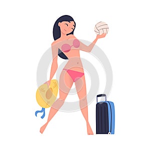 Cheerful young woman in red bikini going for holidays with luggage cartoon vector illustration
