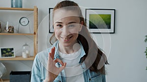 Cheerful young woman showing ok hand gesture smiling standing at home expressing approval