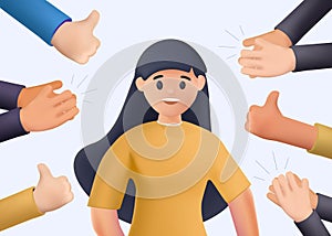 Cheerful young woman surrounded by hands with thumbs up and clapping. 3D character people. Concept of public approval