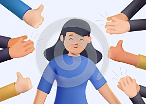 Cheerful young woman surrounded by hands with thumbs up and clapping. 3D character people. Concept of public approval