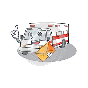 Cheerfully ambulance mascot design with the envelope