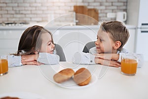 Cheerfulness. Pretty inspired little dark-haired girl smiling and looking at her brother while they having breakfast photo