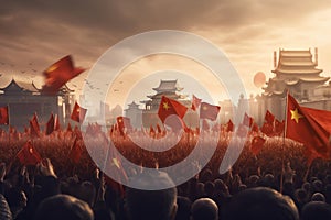 Cheering Crowd with Chinese Flag. Generative AI