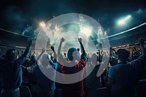 Cheering crowd at a live music concert in front of the stage, Rear view of cheering football fans in stadium, AI Generated