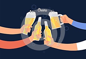 Cheering hands. Cheerful people clinking beer bottle and glasses. Happy drinking holiday vector background