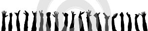 Cheering raised hands of people, silhouettes. Vector illustration