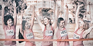 Cheering women supporting breast cancer marathon