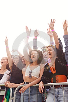 Cheering Young Friends In Audience Behind Barrier At Outdoor Festival Enjoying Music