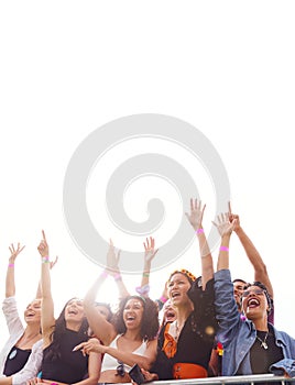 Cheering Young Friends In Audience Behind Barrier At Outdoor Festival Enjoying Music