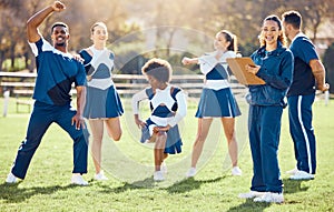 Cheerleader, coach portrait or cheerleading team with support, hope or faith in strategy on field. Sports mission