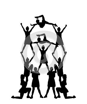 Cheerleader dancer figure vector silhouette illustration isolated on white. Cheer leading girl sport support.
