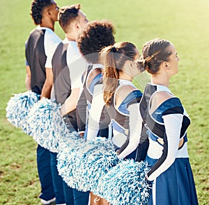 Cheerleader exercise, line and students in cheerleading uniform on outdoor field. Athlete group, college sport