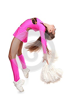 Cheerleader girl bends with pom-pom