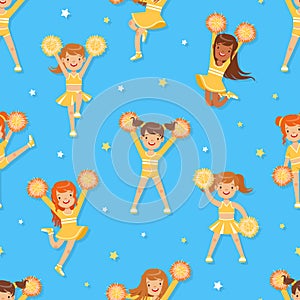 Cheerleader Girl Dancing with Pom Poms Seamless Pattern, Happy Funs Girls in Uniform Can Be Used for Fabric, Wallpaper