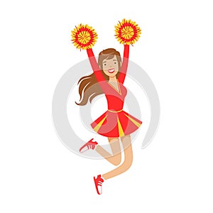 Cheerleader girl jumping with red and yellow pompoms. Colorful cartoon character vector Illustration