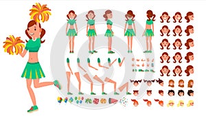 Cheerleader Girl Vector. Animated Character Creation Set. Sport Fan Dancing Cheerleading Woman. Full Length, Front, Side