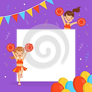 Cheerleader Girls with Blank Banner, Fan Girls in Red Uniform Dancing with Pom Poms, Background, Card, Poster Design