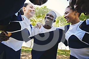 Cheerleader, happy or people in huddle for motivation with support, hope or faith in game on field. Teamwork, sports or