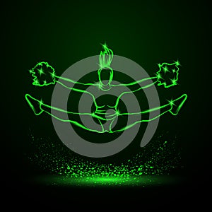 Cheerleader jumps and doing splits with pom poms. Green neon cheerleading illustration. photo