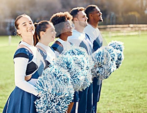 Cheerleader portrait, sports line or people cheerleading with support, hope or faith on field in match game. Team spirit