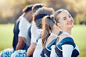 Cheerleader portrait, start or girl cheerleading in huddle with support, hope or faith on field in line. Team spirit