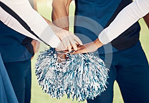 Cheerleader, sports motivation or hands in huddle with support, hope or faith on field in game. Team spirit
