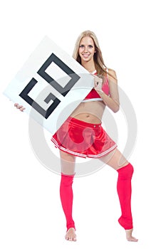 Cheerleader woman hold in hand board or blank sign