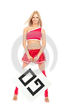 Cheerleader woman pointing her finger at a board