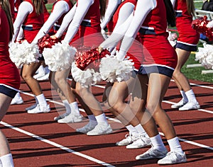 Cheerleaders cheering for football fans during a high school game