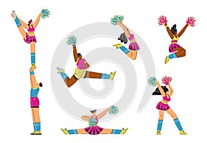Cheerleaders cheering and motivate the crowd, flat vector illustrations isolated.