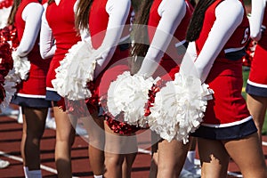 Cheerleaders holding pom poms behind them