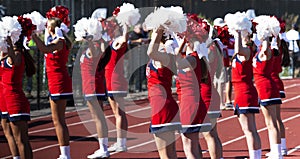 Cheerleaders holding their pom poms in the air while cheering to the fans