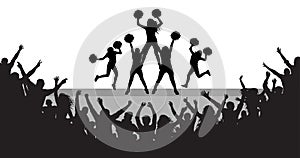 Cheerleaders on the scene and applauding crowd silhouette, vector illustration
