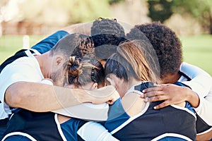 Cheerleaders, sports teamwork or people in huddle with support, hope or faith on field in game together. Mission
