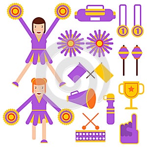 Cheerleading elements and cheerleader girls accessories vector flat icons